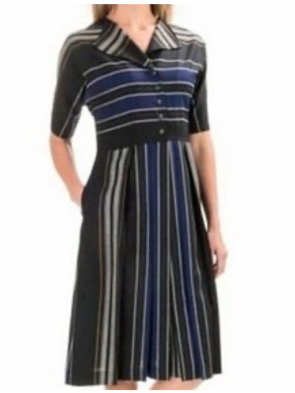 Pendleton Black and Blue Striped Collared Midi Dress with White Stripes